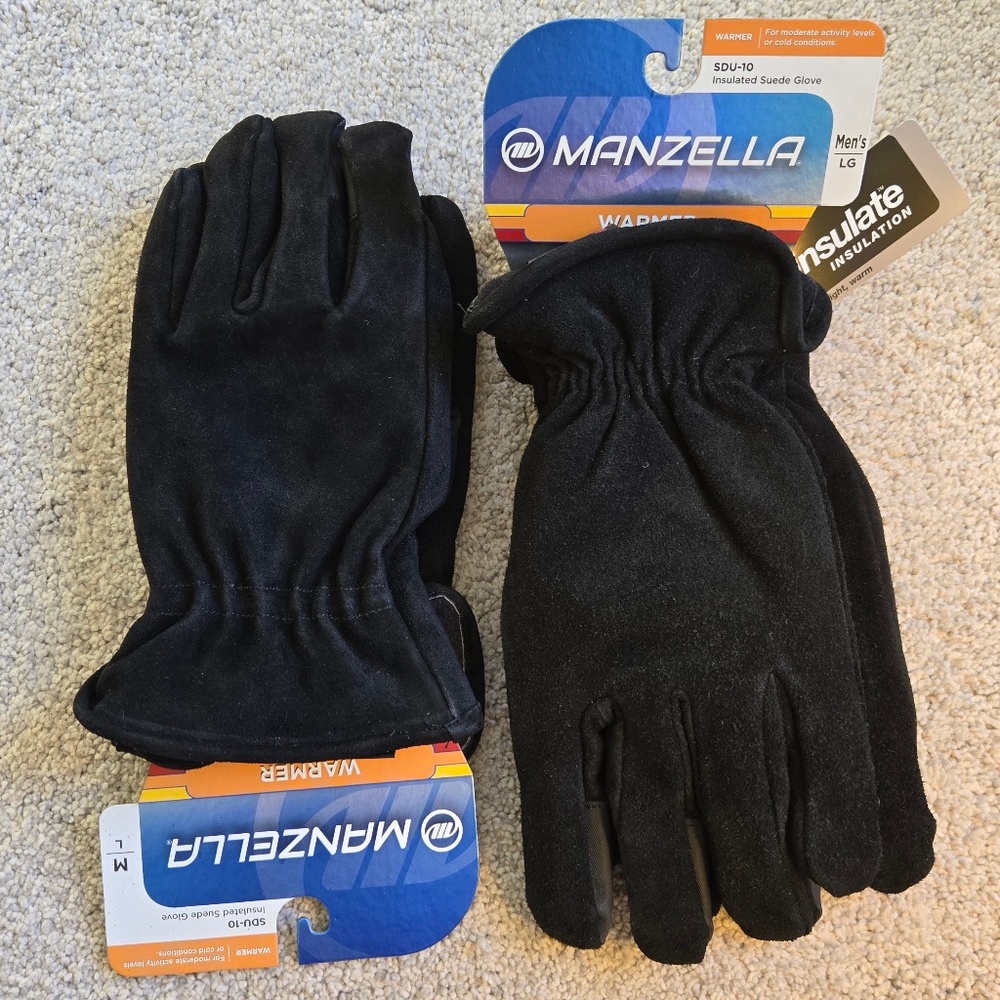 Manzella winter gloves, black, size L, leather & insulated suede